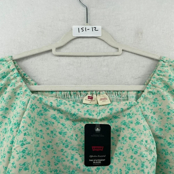 Levi's Blouse Women's Sz S Green Yvie Standard Fit Floral Puff Sleeves Cropped - Picture 8 of 8
